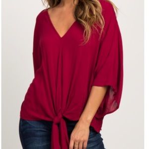 Red crepe tie front v-neck top. Size M